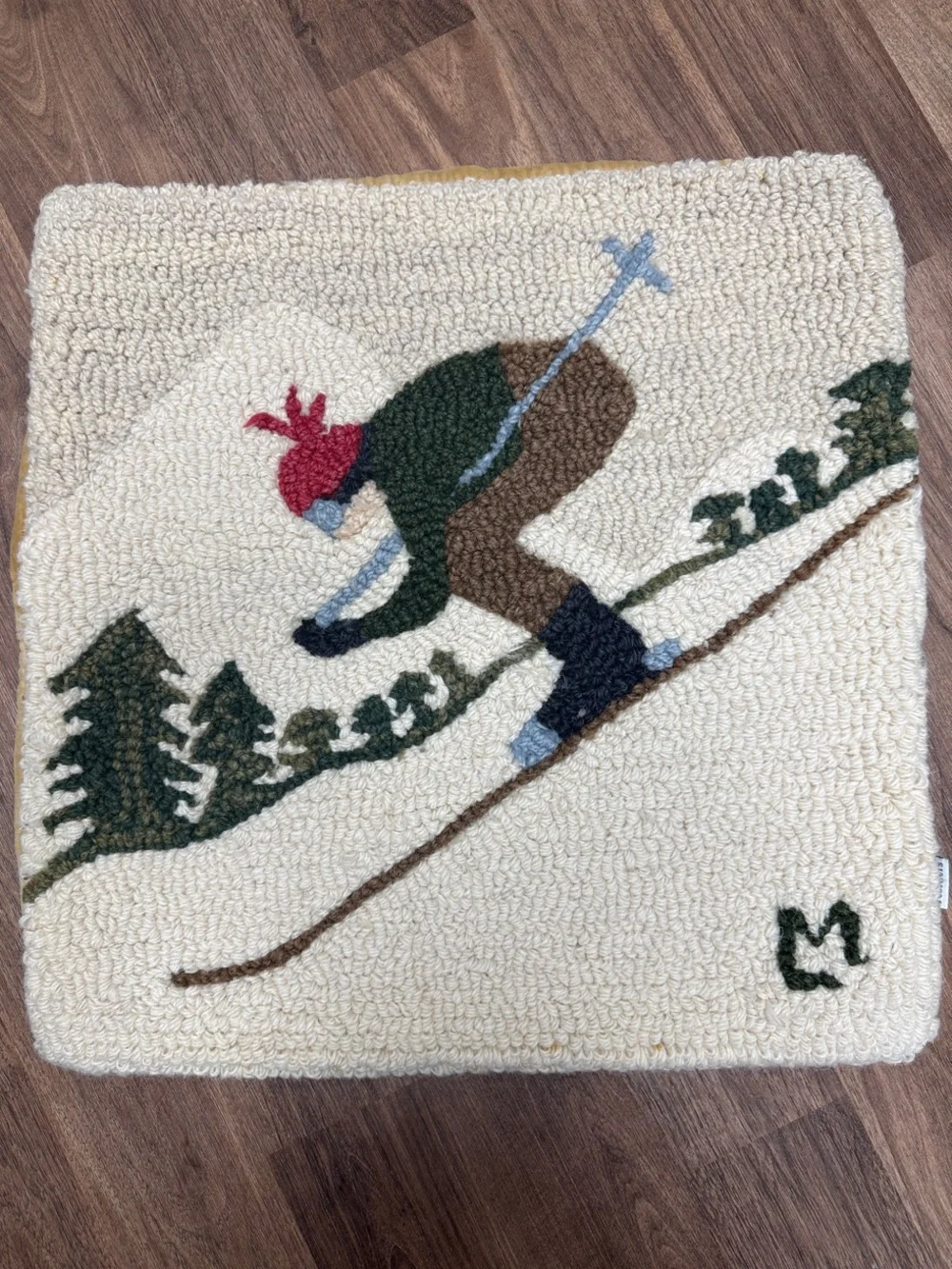 Hand-Hooked Wool Skiing Pillow Cover with Red Hat Accent- Laura Megroy